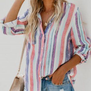 Bright Stripe Button-down Long-sleeve Collar Shirt